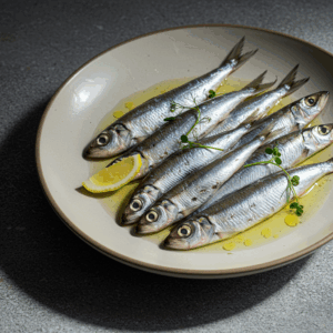 Un plato de anchoas frescas de alta calidad, brillantes y bien conservadas, acompañadas de pan tostado y tomate cherry.