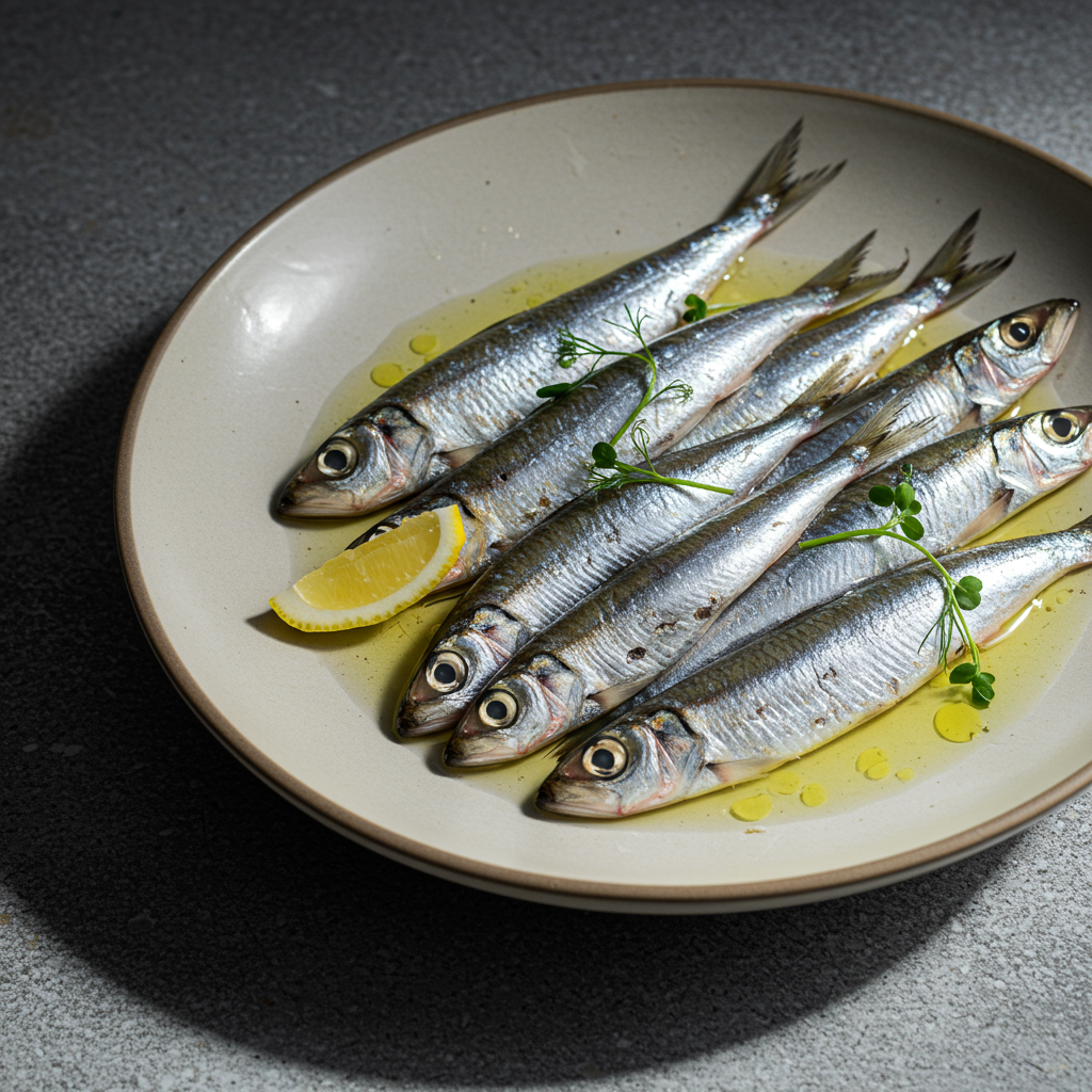 Un plato de anchoas frescas de alta calidad, brillantes y bien conservadas, acompañadas de pan tostado y tomate cherry.