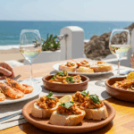 Deliciosos platos de pescado fresco y marisco en un restaurante costero de Conil de la Frontera, con ambiente mediterráneo.