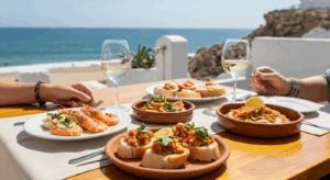 Deliciosos platos de pescado fresco y marisco en un restaurante costero de Conil de la Frontera, con ambiente mediterráneo.
